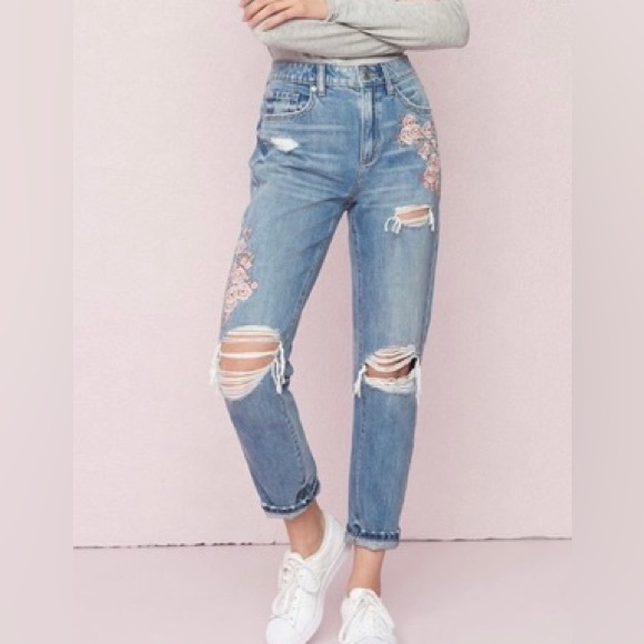 garage denim floral embroidered distressed mom jeans - Picture 2 of 11